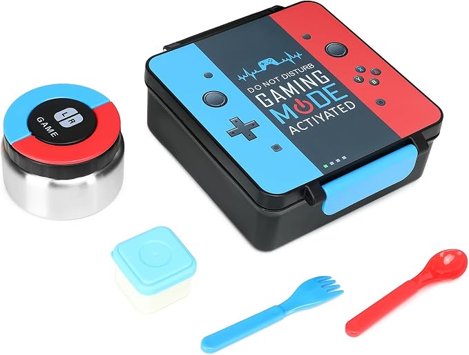 Gamer Bento Lunch Box for Kids, 60 OZ Kids Lunch Box with 8 OZ Leakproof Stainless Steel Insulated Food Jar, 3-4 Compartments Bento Box for School, Includes Sauce Cup & Divider (Blue-Red-A)