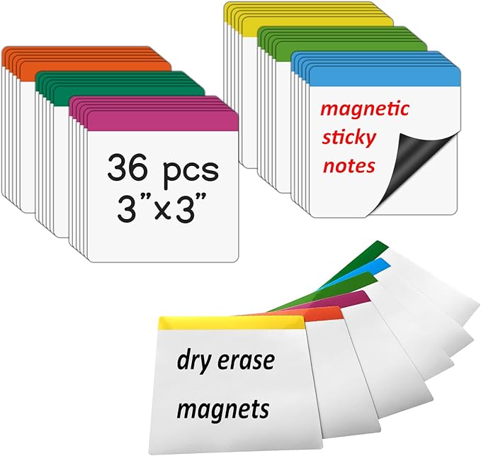 36 Packs, Washable Magnetic Dry Erase Board Labels, 3" x 3" Bangs Design Magnets White Board Notes, Sticky on Fridge, Locker, Cabinet, Door - Office & Classroom Whiteboard Accessories Supplies