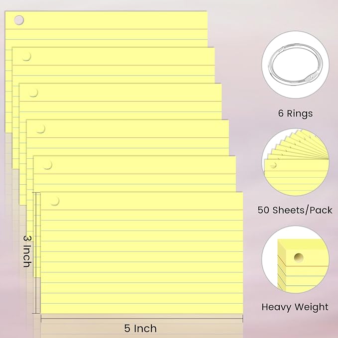 300 Count Index Cards 3 x 5 Inch Yellow Flash Cards with Ring, Heavy Flashcards College Ruled Home Organization, Durable Study To Do List Note Cards with Ruled Lines for Office & School Supplies