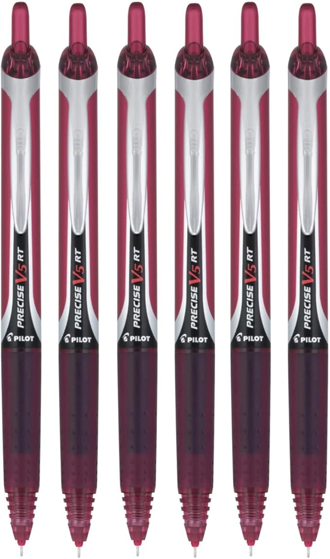 PILOT Precise V5 RT Refillable & Retractable Liquid Ink Rolling Ball Pens, Extra Fine Point (0.5mm) Burgundy Ink, 6-Pack
