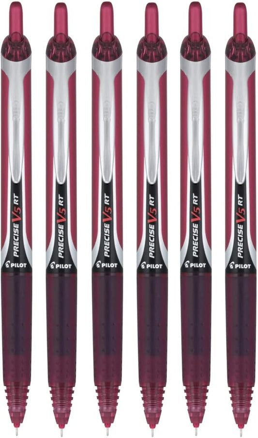 PILOT Precise V5 RT Refillable & Retractable Liquid Ink Rolling Ball Pens, Extra Fine Point (0.5mm) Burgundy Ink, 6-Pack