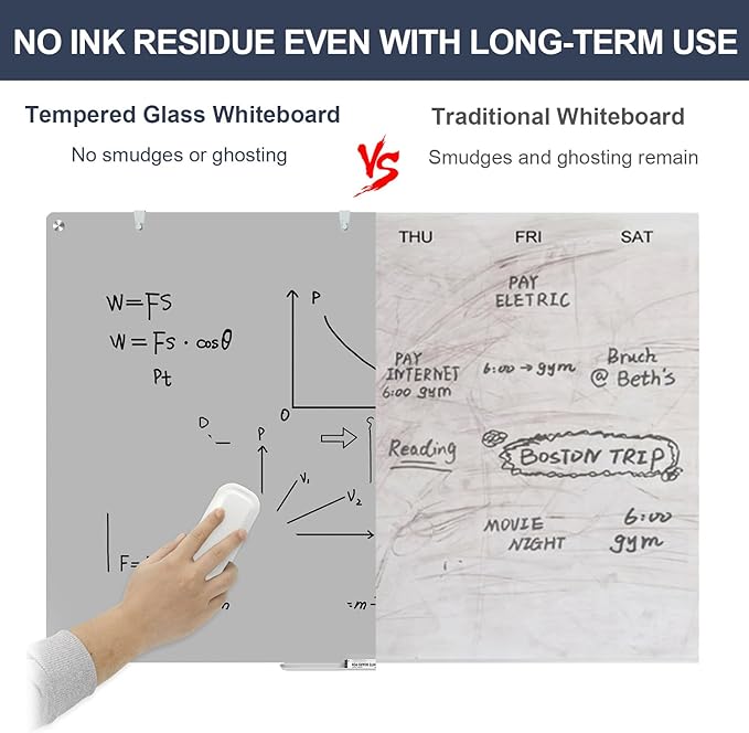 Magnetic Glass Whiteboard, TANKEE 48 x 36 Inches Glass Dry Erase Board Large White Board for Wall, Gray Frameless Whiteboard for Office School Home Classroom