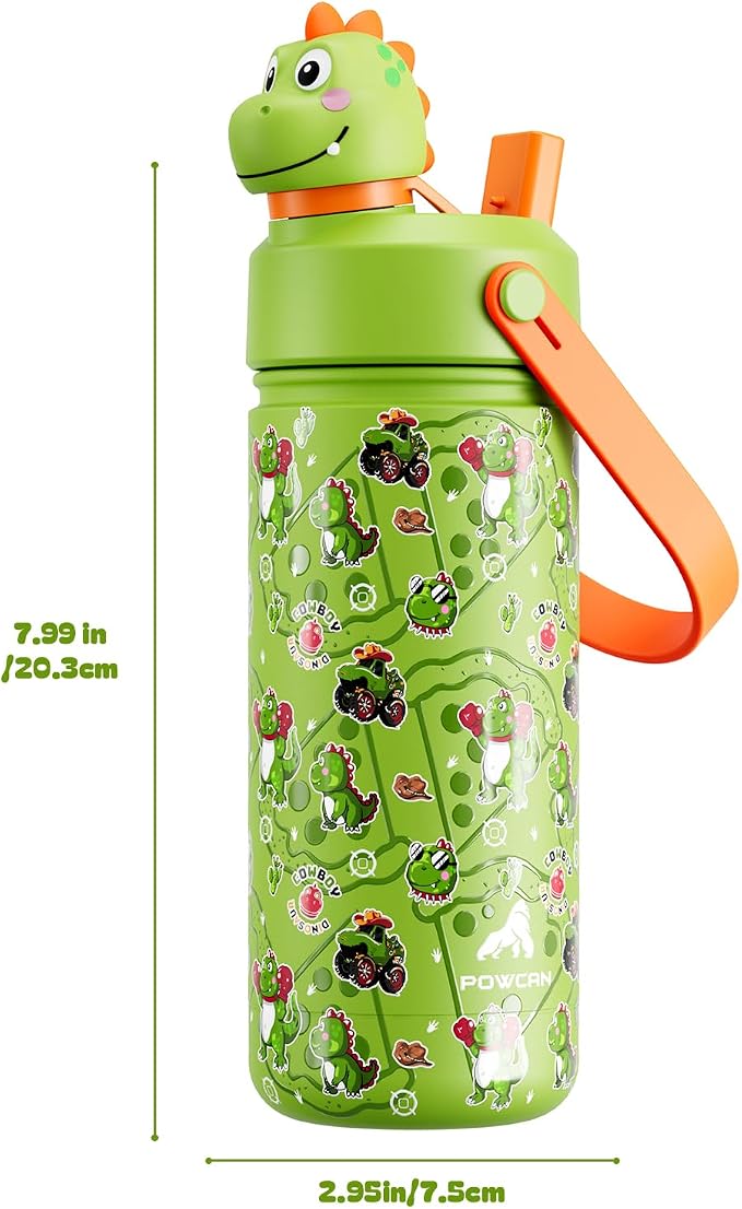 POWCAN Kids Water Bottle for School: 2-in-1 Straw Spout Lid with Soft Animal Head, Leakproof, Backpack Friendly, Keep Cold 24H, Insulated cup for Sports, Playground, Holiday Gift, Cowboy Rex 18 Ounces