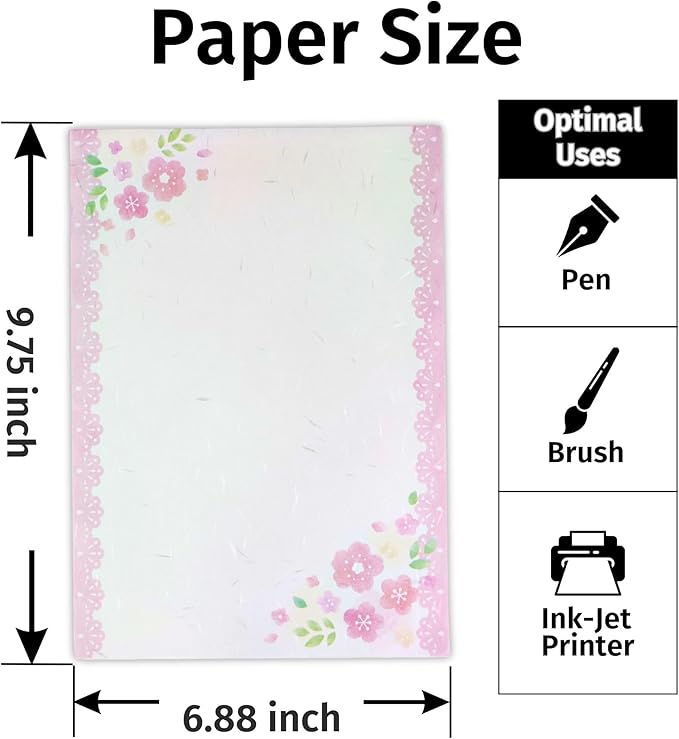 Iyo Washi Printable Stationery Paper 15 Sheets (9.7 x 6.9 inch) Made in Japan, Japanese Pink Flowers Stationery Paper, Inkjet Printer, for Letter Writing, Greeting Card