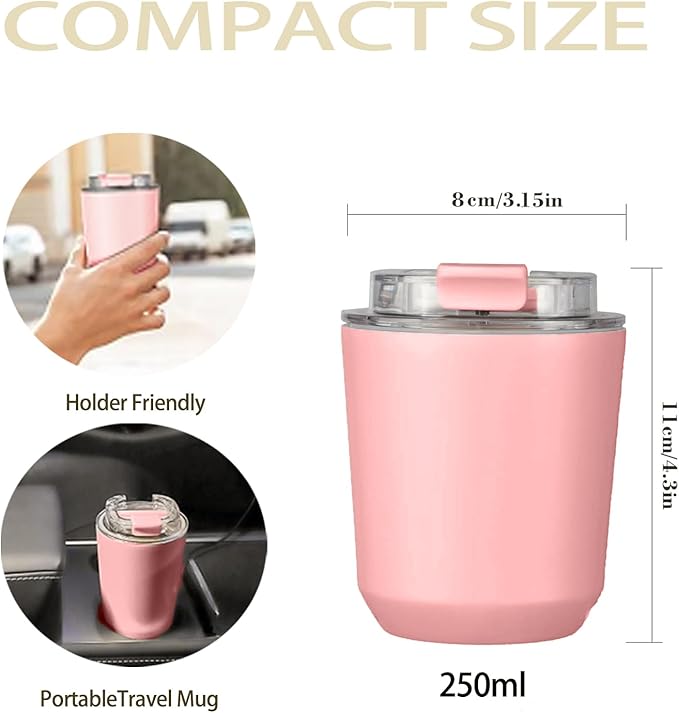 DEQIANG Travel Coffee Cup, Coffee Cup Travel with Lid, Insulated Coffee Mug for Hot & Cold Beverages, Great Gift Choice for Coffee Lovers, Office Workers, Hikers & Commuters (Pink, 8.5 oz)