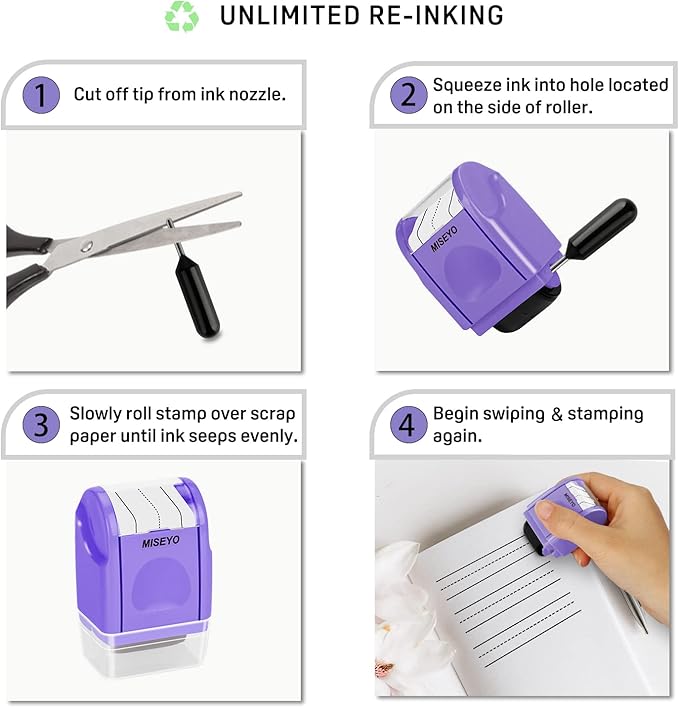 Miseyo Dashed Handwriting Lines Practice Roller Stamp,Self-Inking Line Rolling Stamps for Kids Writing - Purple