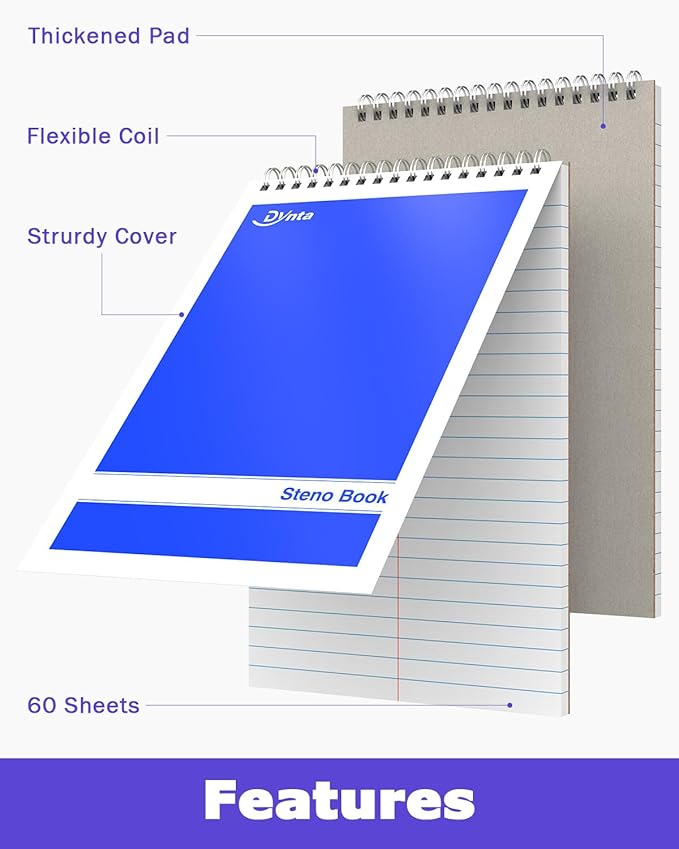 Dynta Steno Pads Spiral 6x9 12 Pack Gregg Rule Notebooks 6 Assorted Covers 60 Sheets White Paper, Writing Note Pads for Note-Taking in School Office Home College University Work Travel