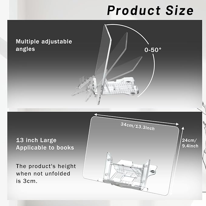 Adjustable Acrylic Book Stand for Reading, 13.3 x 9.4 Inch Multi-Angle Book Display Stand Transparent Foldable Books Holder with Page Clip for Books, Magazines, Cookbook, Document, Recipe
