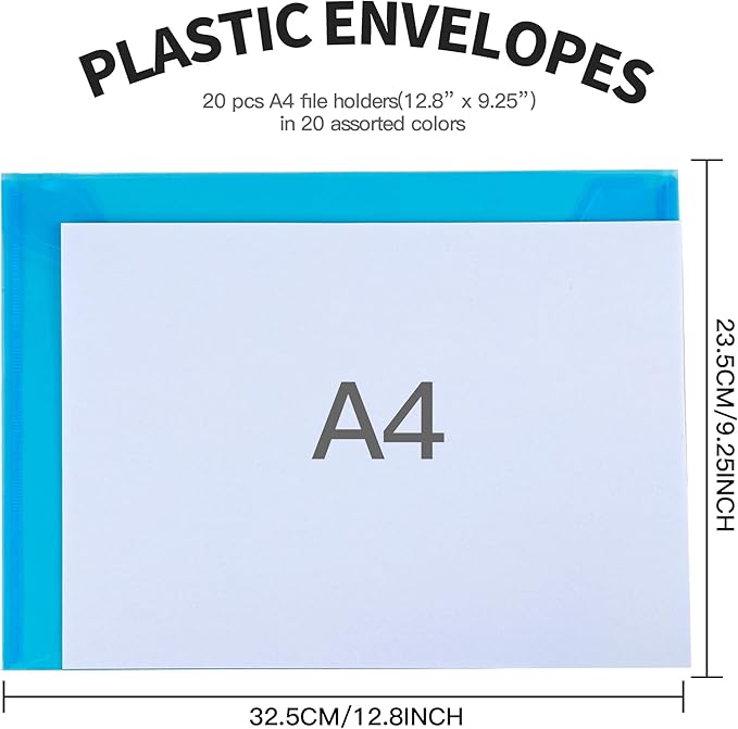 LEOBRO Plastic File Folders for Documents, 20 PCS Plastic Envelopes, Reusable File Folders File Bags Document Holder, Document Files, A4 Size