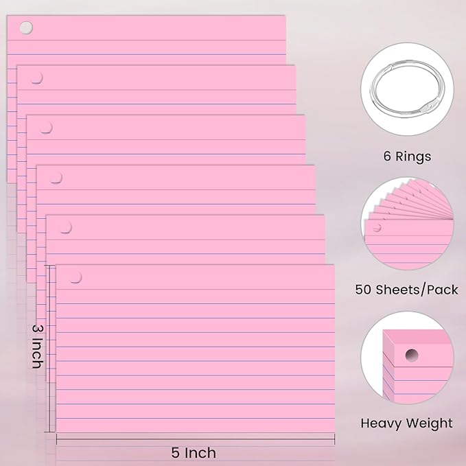 300 Count Index Cards 3 x 5 Inch Pink Flash Cards with Ring, Heavy Flashcards College Ruled Home Organization, Durable Study To Do List Note Cards with Ruled Lines for Office & School Supplies