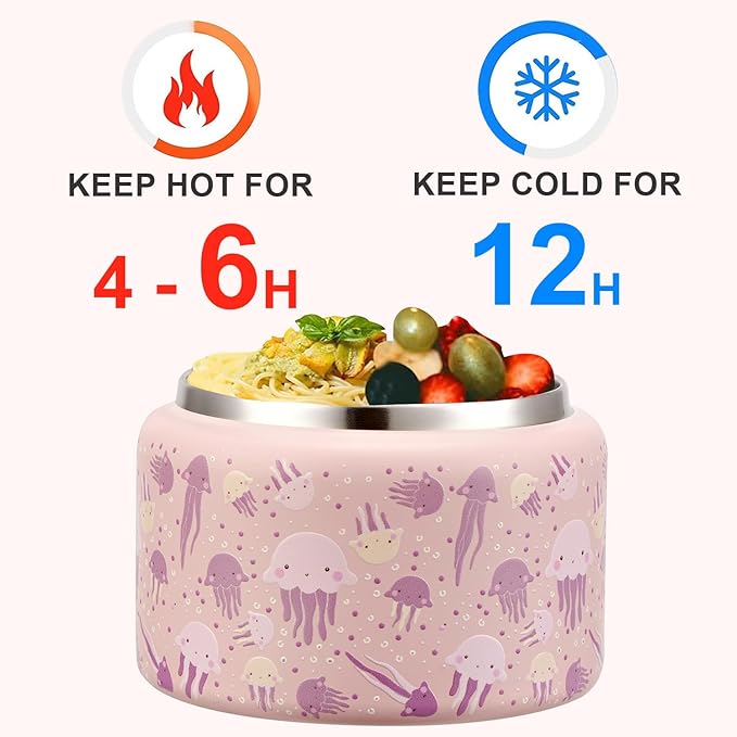JXXM 8 Oz Thermo Food Jar for Hot & Cold Food for Kids, Insulated Lunch Containers Hot Food Jar,Leak-Proof Vacuum Stainless Steel Wide Mouth Lunch Soup Thermo for School (Pink-Jellyfish)