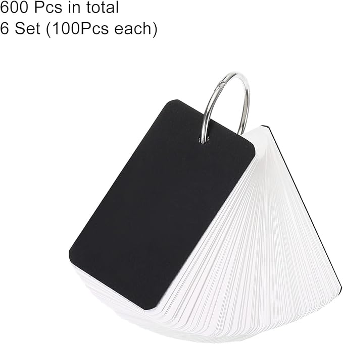 PATIKIL Blank Index Cards with Ring, 600Pcs Blank Flash Card 2.8x1.6" Study Note Cardstock for Memory Learning Studying Office Supplies, Black White