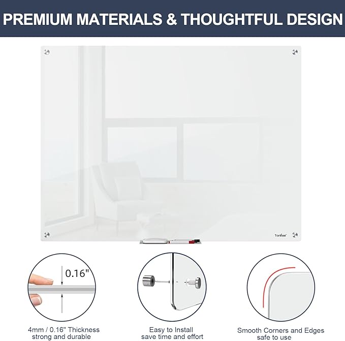 Magnetic Glass Dry Erase Board, 48” x 32” Glass Whiteboard for Wall, Large Modern White Board for Office Home School Classroom