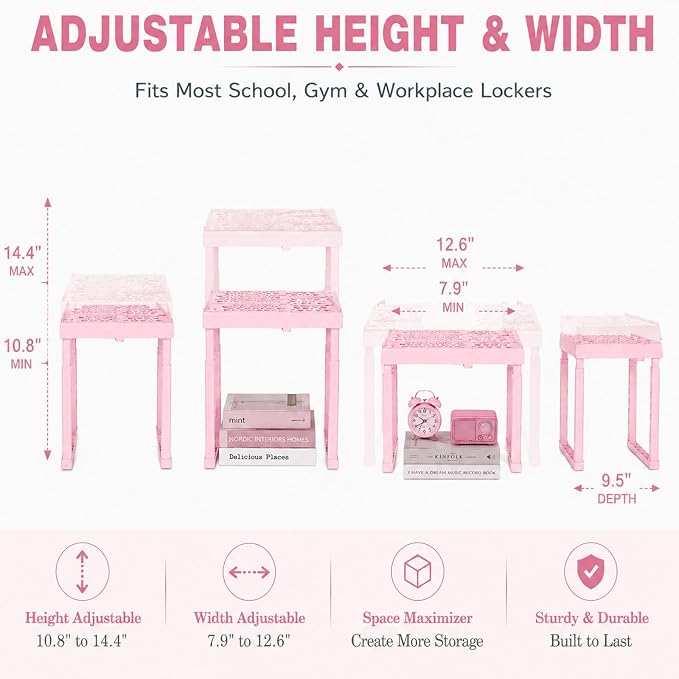 Svartur Locker Shelf Adjustable Height and Width, Pink Locker Organizer for Work, Locker Shelves Stack-able Stand Tools for Gym Locker, Back to School Accessories, Pack of 2