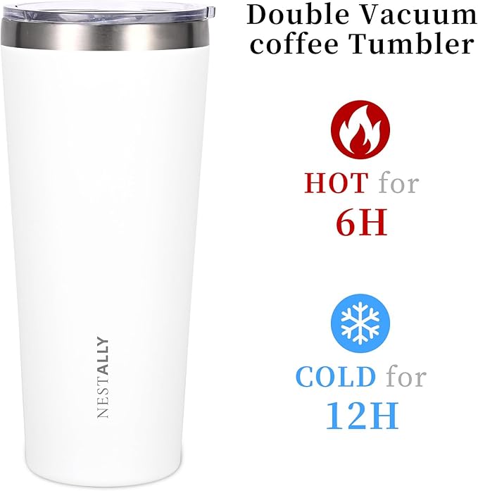 NESTALLY Coast 20oz Stainless Steel Tumbler,Extra Capacity Holds Up to 22oz, Double Wall Vacuum Insulated Travel Coffee Mug with Lid & Metal Straw, Leakproof Reusable Cup for Travel (Soft White)