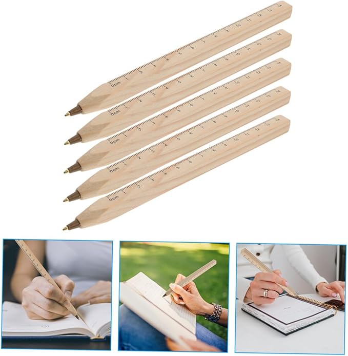 20pcs Wooden Ballpoint Pens with Black Ink, Biodegradable Natural Wood Carpenter Markers with Printed Ruler, Construction and Woodwork Signature Writing Pens for Professional
