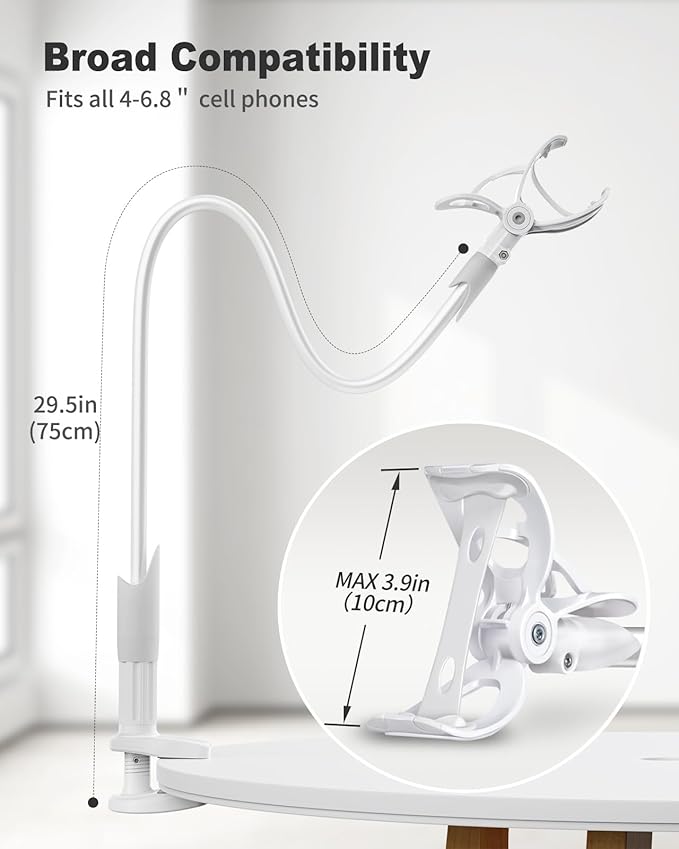 SAIJI Gooseneck Cell Phone Holder, Clamp Universal Lazy Mount Clip Hands Free Flexible Long Arm Bracket Grip for 4-7 Phones Mobile Stand Baby Monitor for Desk, Bed, Office, Kitchen (White)