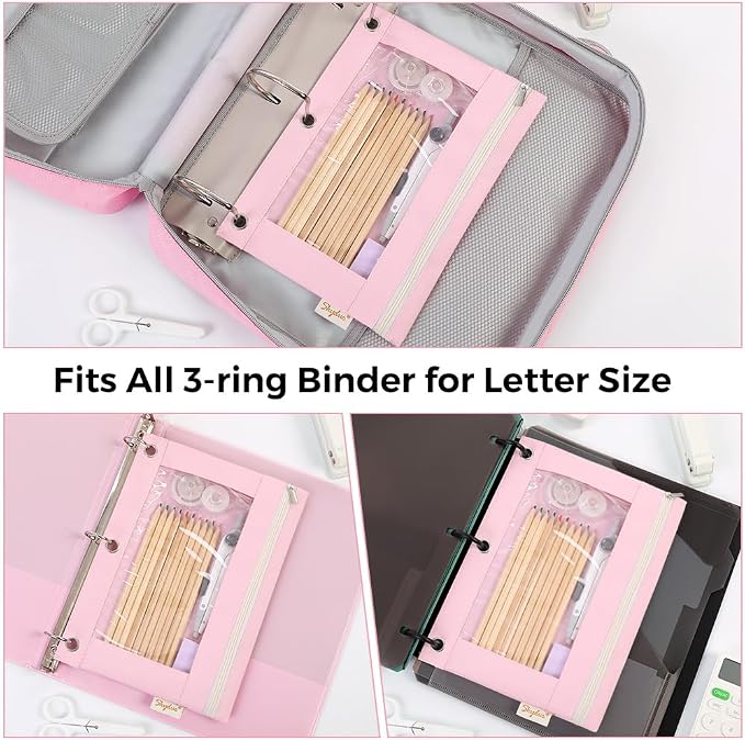 SKYDUE Pencil Pouch for 3 Ring Binder, 9.8" x 7.3" Clear Window Pencil Bag | Zipper Pencil Pouches for Girls Boys, Pink Pencil Pouch with 3 Reinforced Grommets, Durable Organizer for School Supplies