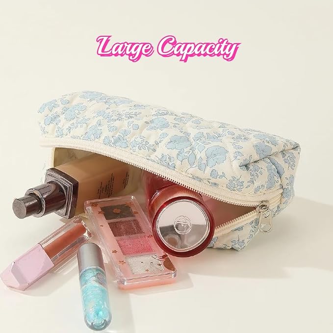 Cute Mini Quilted Makeup Bag for Women Travel Cosmetic Bags Lightweight Coquette Aesthetic Floral Toiletry Organizer Case (Floral#01)