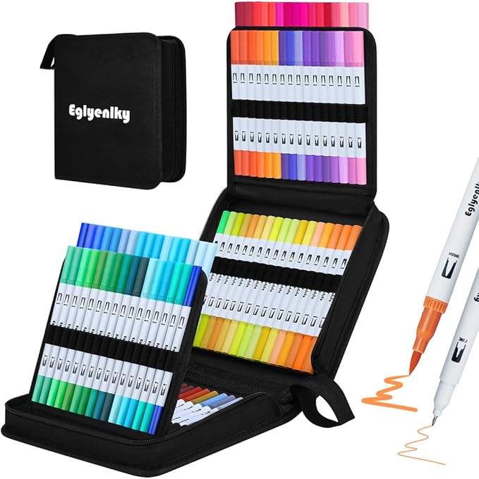 Eglyenlky Markers for Adult Coloring, 100 colors Dual Brush Pens Art Coloring Pens with Fine Tip and Brush Tip for Adult Kids Drawing Lettering Calligraphy (White Set)