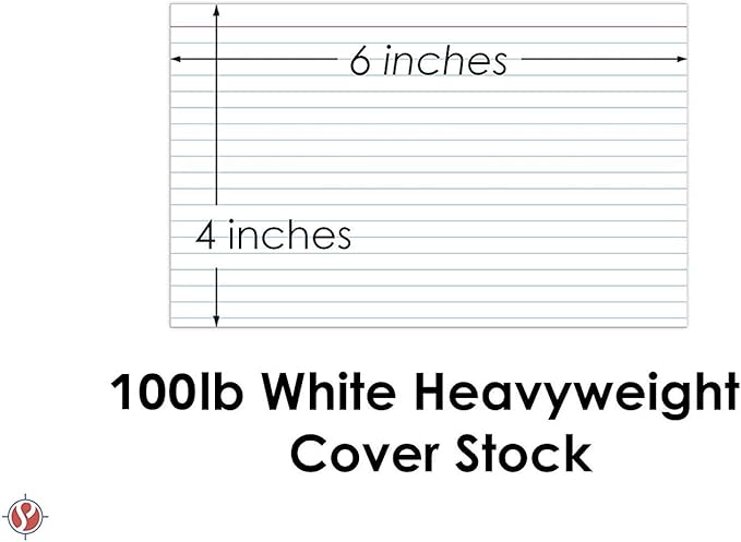 Ruled Index Cards, On 100lb. Heavyweight Thick White Cover Stock. "100 per pack" (4 x 6)