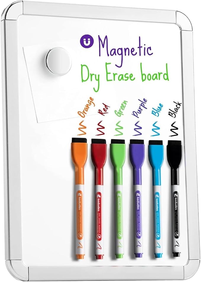Kedudes Magnetic 8.5’’ x 11’’ Small Dry Erase Whiteboard - Includes 6 Magnetic Dry Erase Markers, Assorted Colors - Small Board for Fridge, Locker, Office, Classroom, Dorm Room