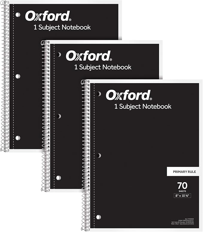 Oxford Primary Ruled Spiral Notebooks, Writing/Drawing Practice for Kids, Grades Pre-K, K-2, 70 Sheets, 8 x 10.5 Inches, Black, (1002542),(Pack of 24)