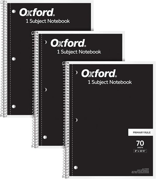 Oxford Primary Ruled Spiral Notebooks, Writing/Drawing Practice for Kids, Grades Pre-K, K-2, 70 Sheets, 8 x 10.5 Inches, Black, (1002542),(Pack of 24)