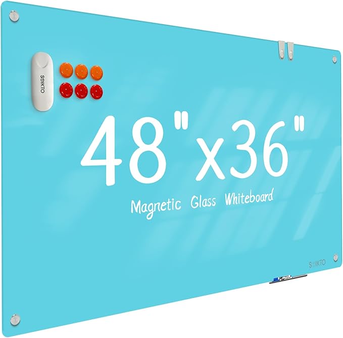 Glass Whiteboard - Glass Dry Erase Board 48" x 36" Magnetic White Board Writing Board White Boards for Walls Wall Office Home, Blue