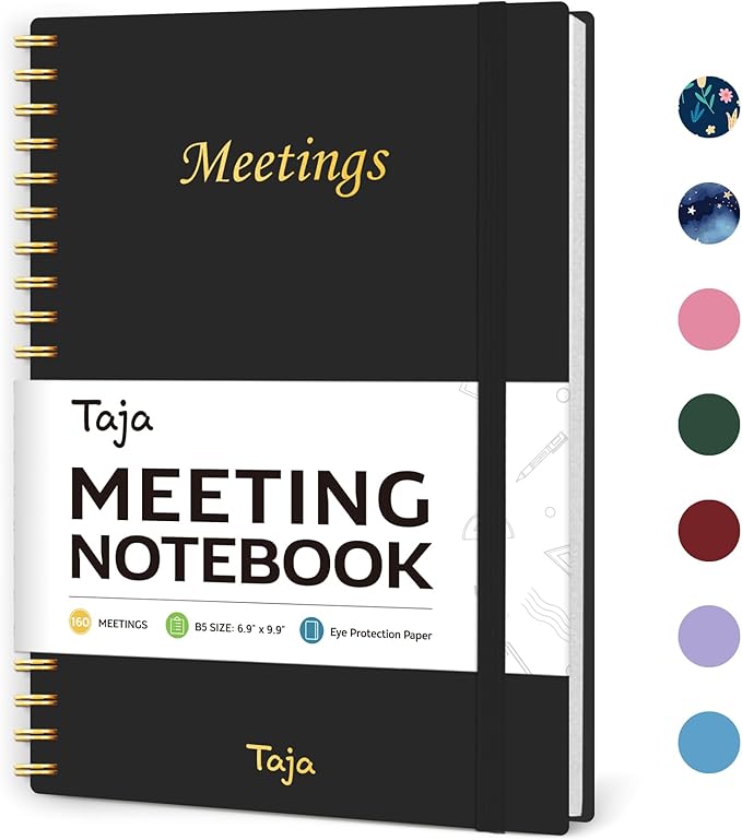 Meeting Notebook for Work Organization - Work Planner Notebook with Action Items, Agenda Planner for Note Taking, 160 Pages (6.9" X 9.9") Project Organizer for Men & Women - Black 1