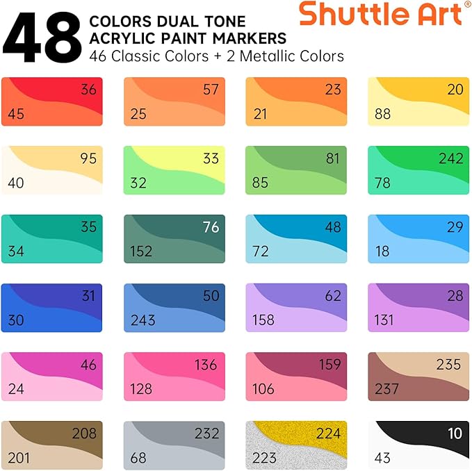 Shuttle Art 48 Colors Dual Tone Acrylic Paint Markers, 24 Pack Acrylic Paint Pens Set for Rock Painting, Ceramic, Wood, Canvas, Glass, Stone, Fabric, Card Making, DIY Crafts & Art Supplies
