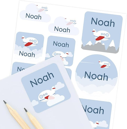Camp Name Labels for Kids (33) – Custom Waterproof Stickers for Water Bottles, Lunch Boxes, Daycare & School with Unique Designs - Airplane