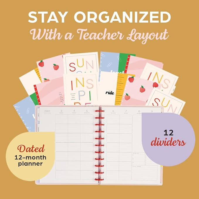Happy Planner Disc-Bound 12-Month July 2026–June 2027 Academic Planner with 3 Extra Months, Big Size, 8.5" x 11", Teacher Layout, Colorblock Pop