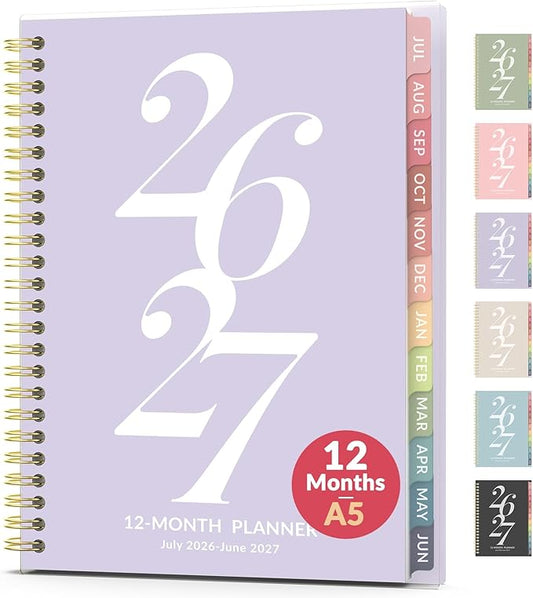 Forvencer Planner 2026-2027, July 2026 - June 2027, 6.3" x 8.4" Academic Planner Monthly and Weekly Calendar Planner with Spiral Bound, Month Tabs, Flexible Cover for School Office (A5, Purple)