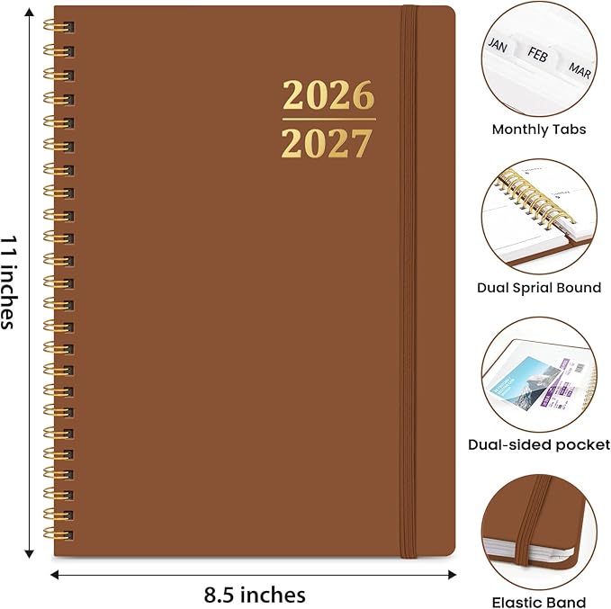 8.5" x 11" Academic Planner 2026-2027, Weekly & Monthly Calendar Planner Book, July 2026 – June 2027, Large Hardcover Organizer with Tabs, Perfect for Teachers, Students, Women & Men – A4, Brown