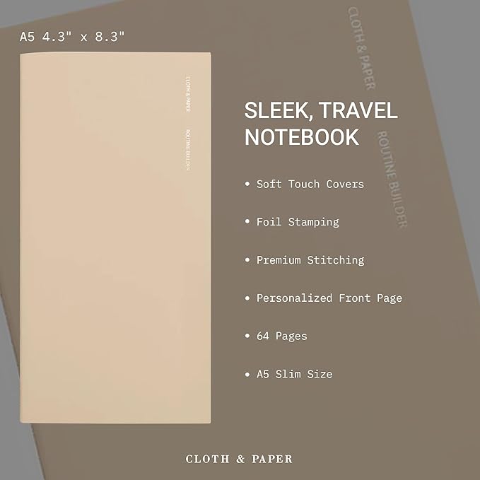 Cloth & Paper Travel Notebook | Routine Builder Planner – Beignet | A5 Slim Habit Tracker Notebook 4.3" x 8.3" | Routine Planner for Habit Tracking, Goals & Daily Productivity – Soft Touch Cover
