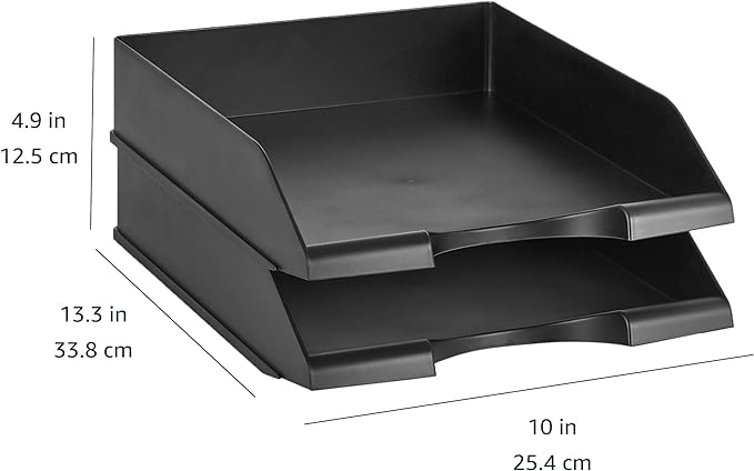 Amazon Basics Rectangular Stackable Desk Organizer Office Letter Tray, File Storage, Paper Organizer, Black, 2-Pack