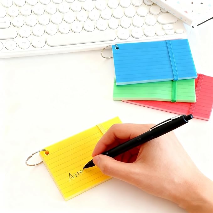 200 Count Colored Index Cards, 3x5 Inch with Key Ring, Portable Note Taking Study Note Cards for Office Home