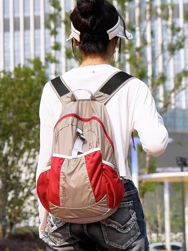 Travel lightweight foldable backpack hiking backpack splash proof compact travel backpack day pack (khaki&red)