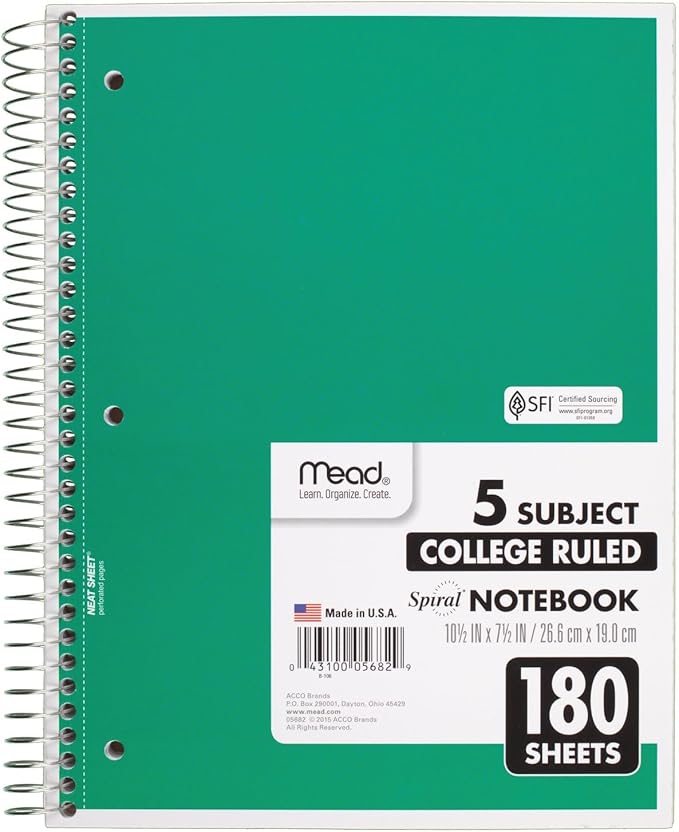 Mead Spiral Notebook, 5 Subject, College Ruled Paper, 180 Sheets, 10-1/2" x 8", Color Selected For You, 1 Count (05682)