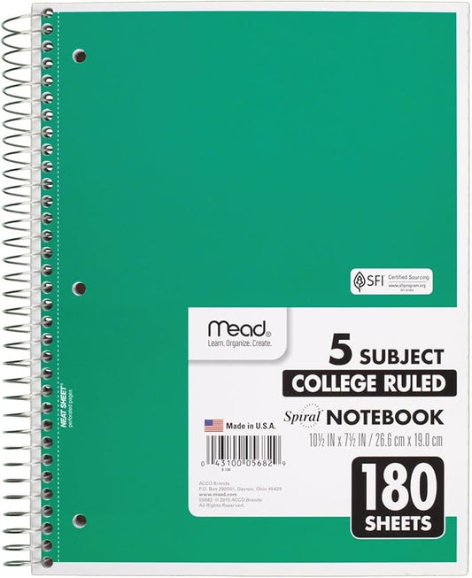 Mead Spiral Notebook, 5 Subject, College Ruled Paper, 180 Sheets, 10-1/2" x 8", Color Selected For You, 1 Count (05682)