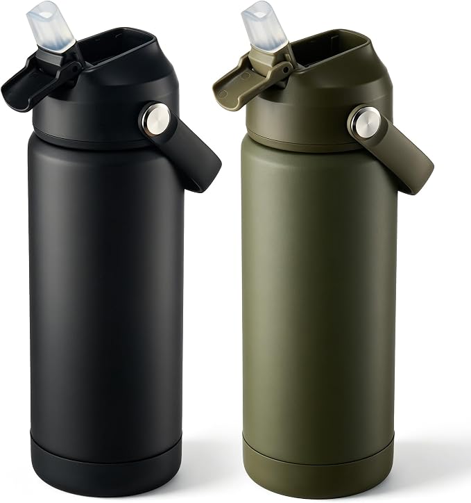Fijinhom 18 oz Insulated Water Bottle with Straw Lid, Stainless Steel Water Bottles, Double Wall Vacuum, Portable Handle & Non-slip Bottom, BPA Free Leak Proof Metal Bottles (Black+Green, 2pack)