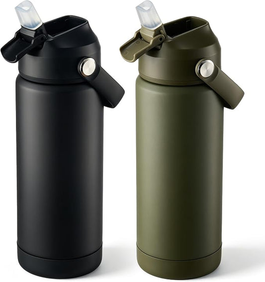 Fijinhom 18 oz Insulated Water Bottle with Straw Lid, Stainless Steel Water Bottles, Double Wall Vacuum, Portable Handle & Non-slip Bottom, BPA Free Leak Proof Metal Bottles (Black+Green, 2pack)