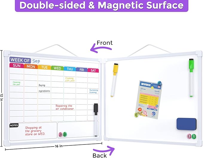 MaxGear Weekly Calendar Dry Erase Board for Wall, 16"x12" Small Hanging Double-Sided White Board with 5 Markers & 4 Magnets, Portable Whiteboard for Students - Planning, Drawing, Memo, to Do List
