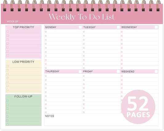 Weekly To Do List Notepad, 52 Sheets Undated Weekly Planner, 8.5"x11" Letter Size Horizontal Desk Pad with 100GSM Thick Paper, Twin-Wire Spiral Bound Tear Off Lined Organizer for Office Work, School & Home