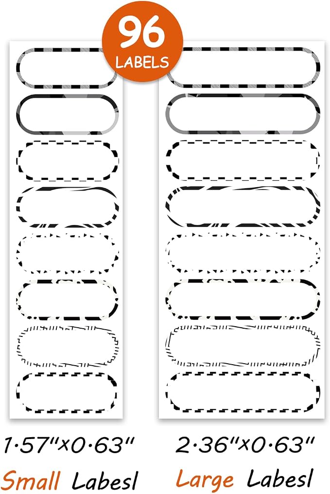 96 PCS Waterproof Bottle Labels, Write-On Kids Name Labels, Self-Laminating Self-Adhesive Bottle Strickers for Daycare School, Assorted Sizes