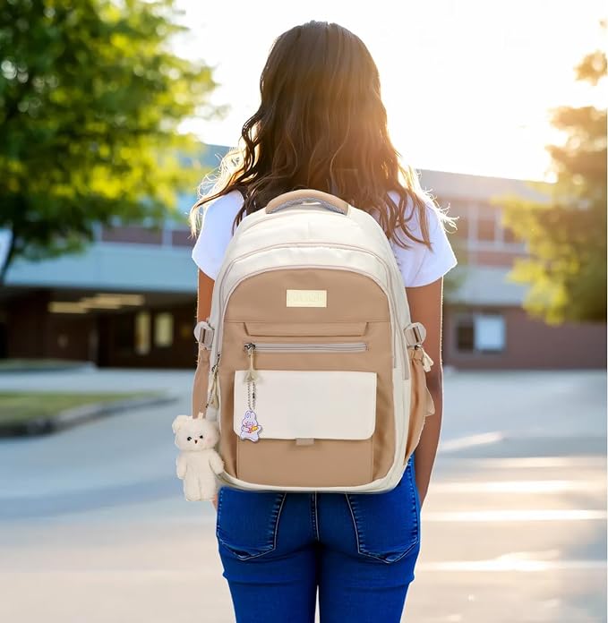 PRLINJSK Girls Backpack for College High Middle School Student, Cute Aesthetic Bookbag for Teens Women with Accessories,Khaki Beige