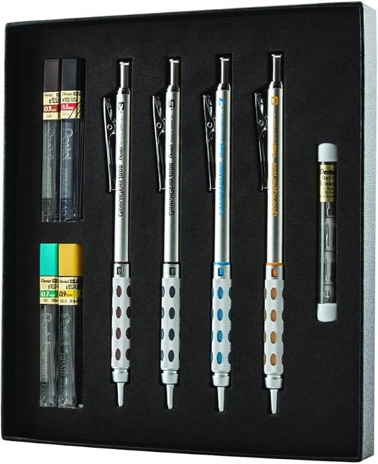 Pentel Arts GraphGear 1000 Mechanical Pencil Premium Gift Set with Refill Leads & Erasers (PG1000BXSET) (Pack of 6)