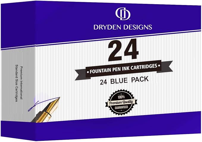 Dryden Designs Fountain Pen Ink Cartridges - Set of 24 Blue Ink CARTRIDGES - Short International Standard Size - Disposable and Generic Ink Refill Cartridges - Perfect for Calligraphy.