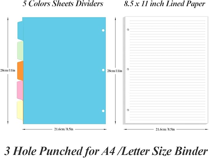 3 Hole Lined Paper for A4 Binder - 50 Sheets/100 Pages Loose Leaf Paper Line Refills, 5 Sheets Dividers, 8.5" x 11"